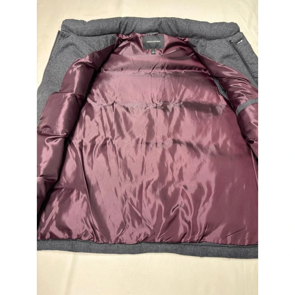 Banana Republic Mens Grey Glen Plaid Puffer Vest Burgundy Lining Large